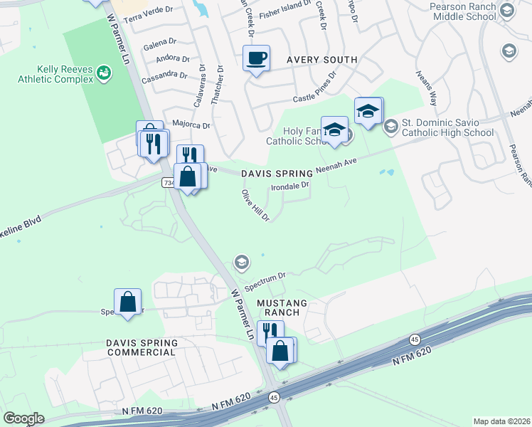 map of restaurants, bars, coffee shops, grocery stores, and more near 14701 Irondale Drive in Austin