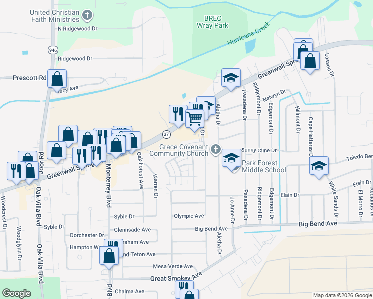 map of restaurants, bars, coffee shops, grocery stores, and more near 9765 Westerly Avenue in Baton Rouge