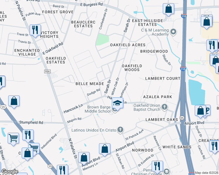 map of restaurants, bars, coffee shops, grocery stores, and more near 5906 Sarah Drive in Pensacola