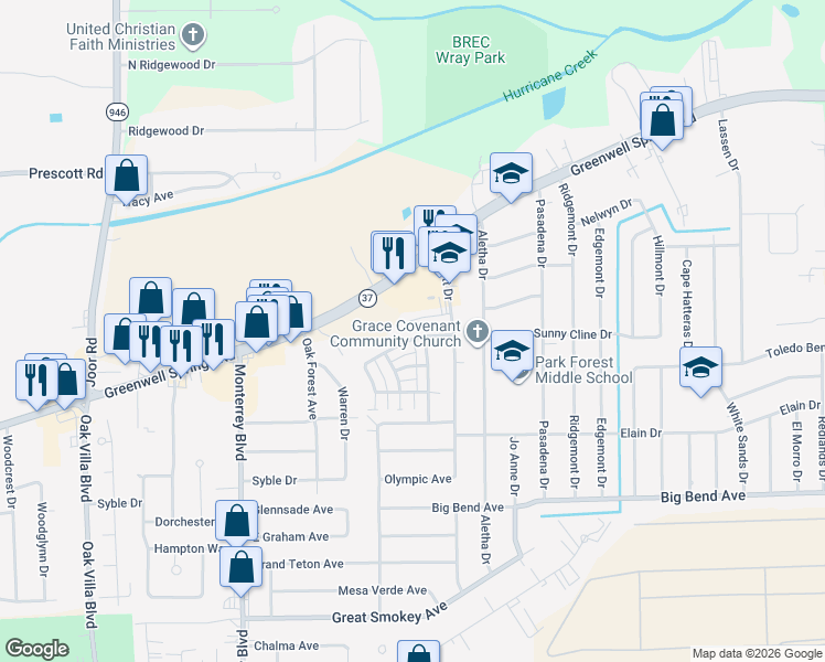 map of restaurants, bars, coffee shops, grocery stores, and more near 9765 Westerly Avenue in Baton Rouge