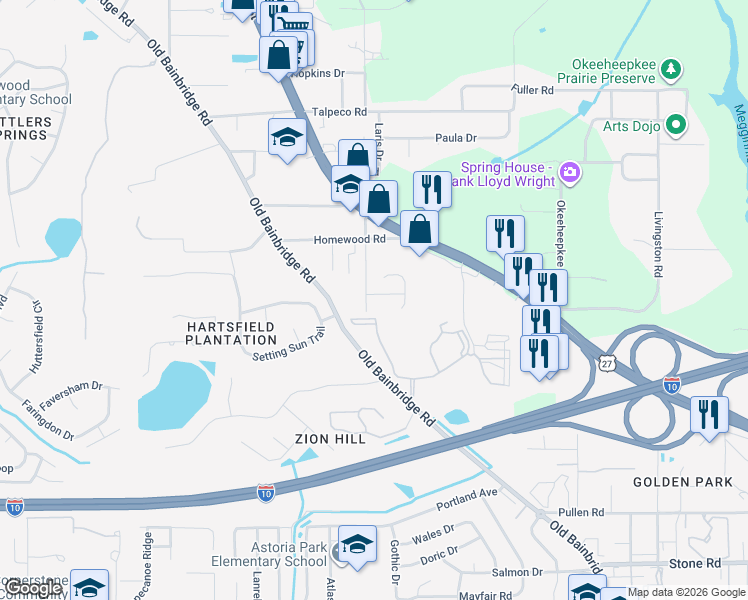 map of restaurants, bars, coffee shops, grocery stores, and more near 1609 Misty Garden Way in Tallahassee