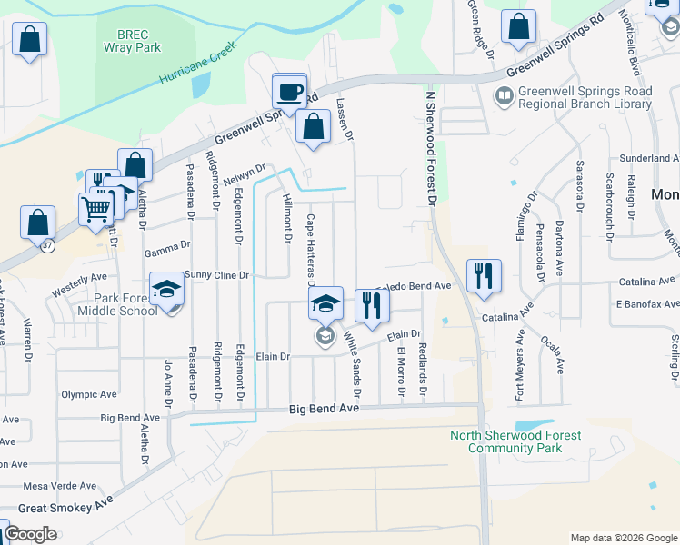 map of restaurants, bars, coffee shops, grocery stores, and more near 3902 White Sands Drive in Baton Rouge