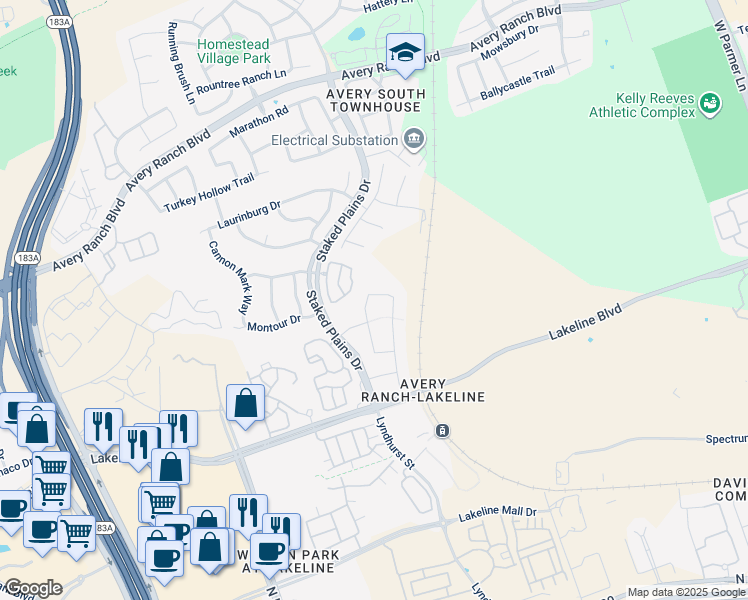 map of restaurants, bars, coffee shops, grocery stores, and more near 13817 Wiregrass Way in Austin