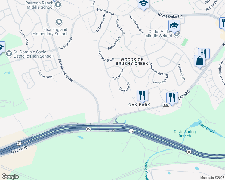map of restaurants, bars, coffee shops, grocery stores, and more near 15329 Oconto Drive in Austin