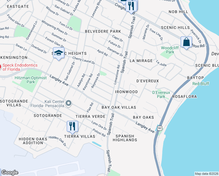 map of restaurants, bars, coffee shops, grocery stores, and more near 4260 Obregon Drive in Pensacola