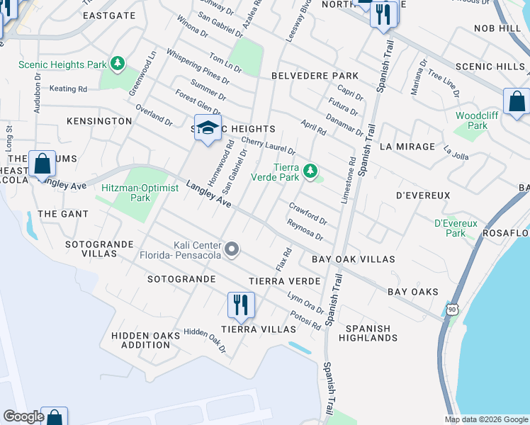 map of restaurants, bars, coffee shops, grocery stores, and more near 5715 Keystone Road in Pensacola
