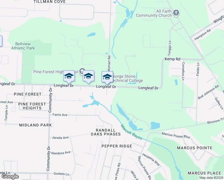 map of restaurants, bars, coffee shops, grocery stores, and more near 2463-2555 Longleaf Drive in Bellview