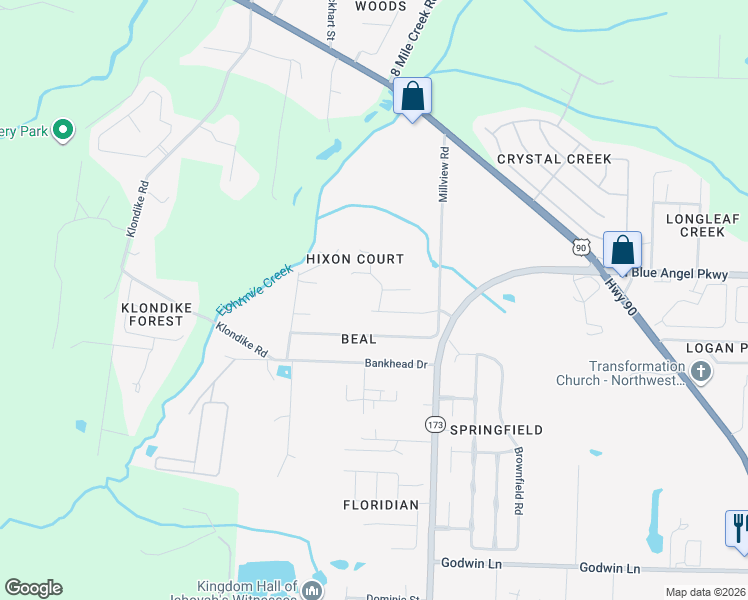 map of restaurants, bars, coffee shops, grocery stores, and more near 5040 Huntsville Ave in Pensacola
