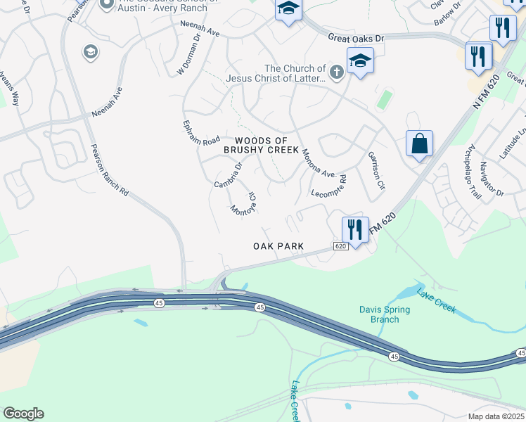 map of restaurants, bars, coffee shops, grocery stores, and more near 15409 Montoya Cove in Austin