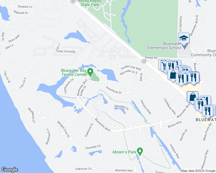 map of restaurants, bars, coffee shops, grocery stores, and more near 711 Prestwick Drive in Niceville