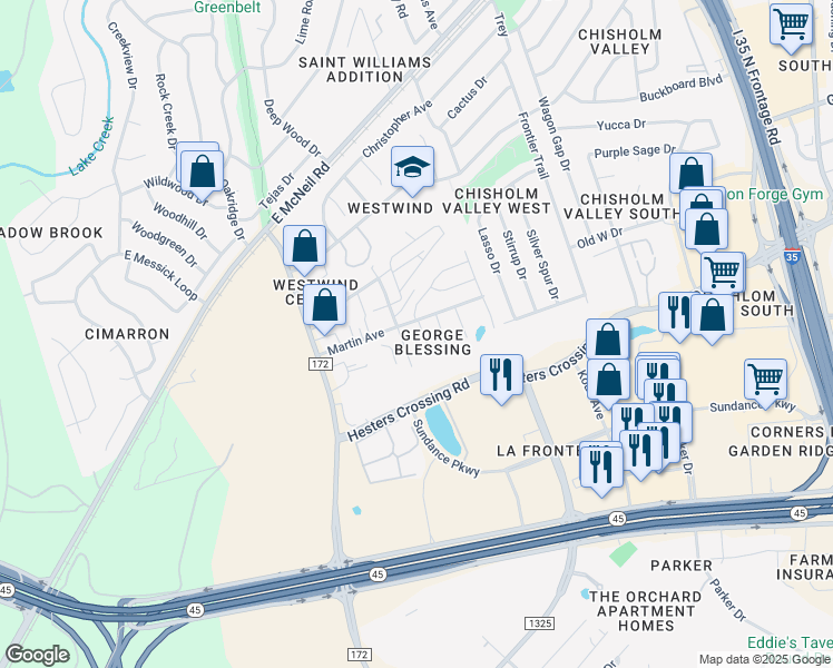 map of restaurants, bars, coffee shops, grocery stores, and more near 2607 Sinclair Street in Round Rock