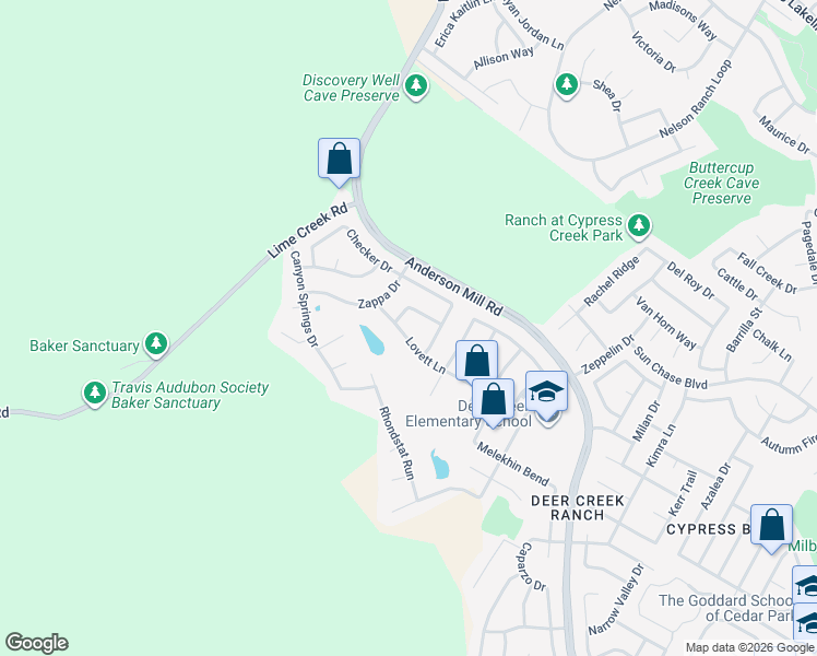 map of restaurants, bars, coffee shops, grocery stores, and more near 2723 Lovett Lane in Cedar Park