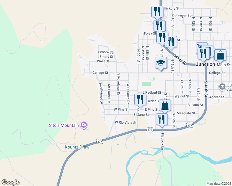 map of restaurants, bars, coffee shops, grocery stores, and more near 301 West Redbud Street in Junction
