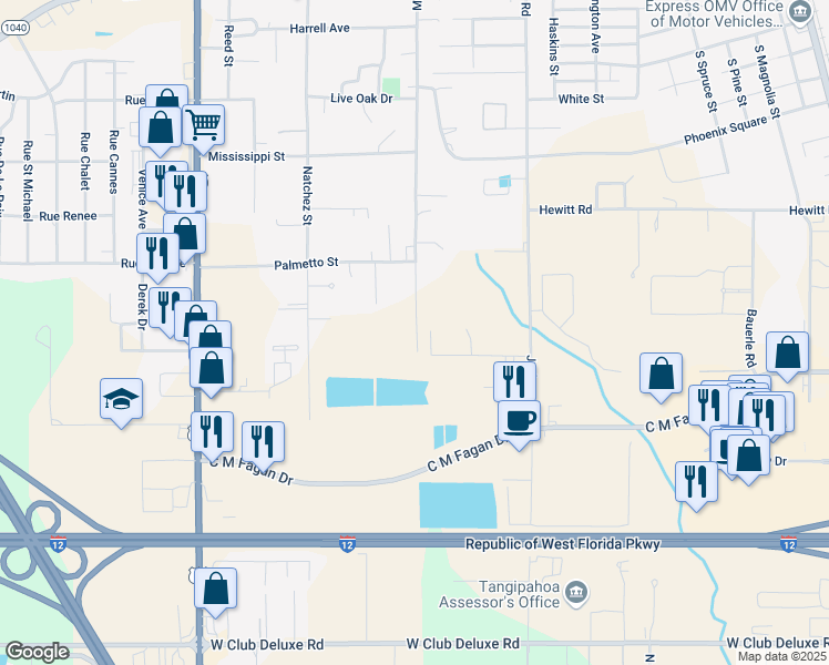 map of restaurants, bars, coffee shops, grocery stores, and more near 1700 Mooney Avenue in Hammond