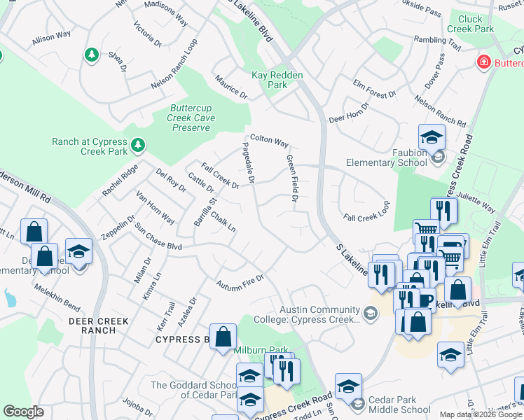 map of restaurants, bars, coffee shops, grocery stores, and more near 1616 Menteer Drive in Cedar Park