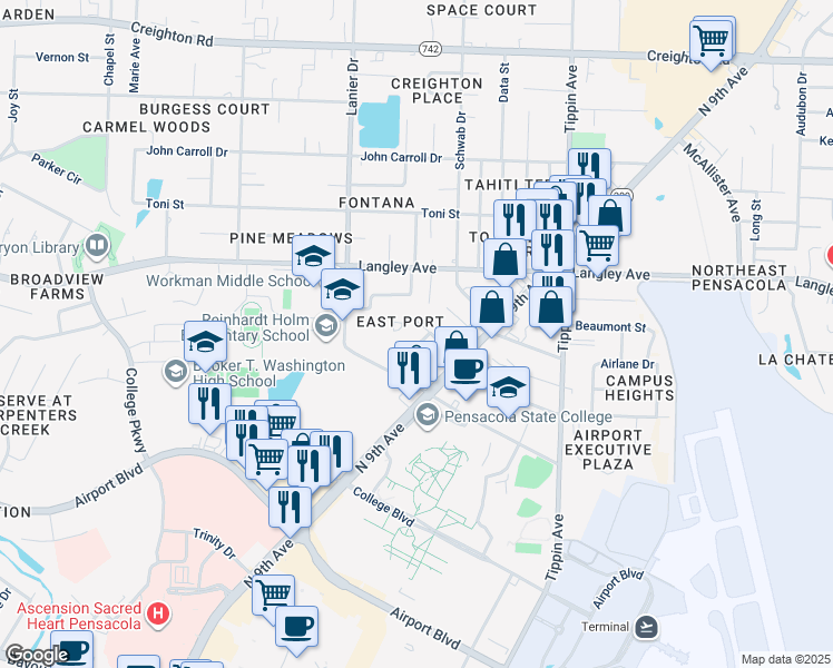 map of restaurants, bars, coffee shops, grocery stores, and more near 917 Kenny Drive in Pensacola