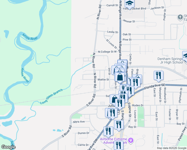 map of restaurants, bars, coffee shops, grocery stores, and more near 1033 South River Road in Denham Springs