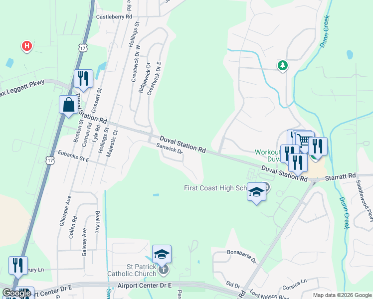 map of restaurants, bars, coffee shops, grocery stores, and more near 369 Sanwick Drive in Jacksonville
