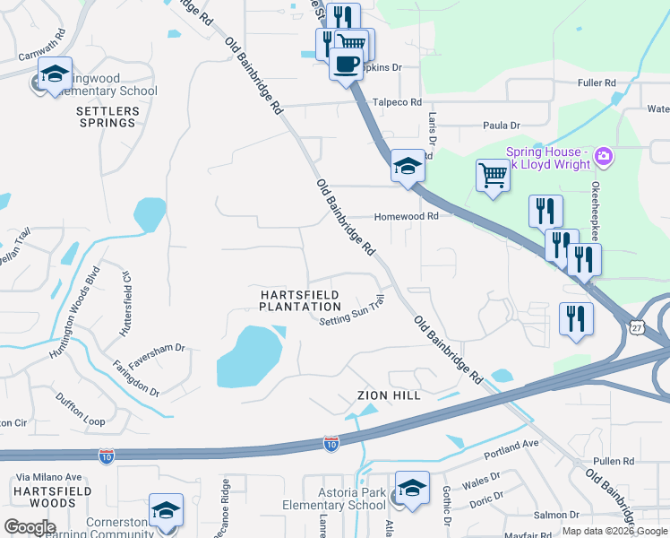 map of restaurants, bars, coffee shops, grocery stores, and more near 1940 Saddle Brook Drive in Tallahassee