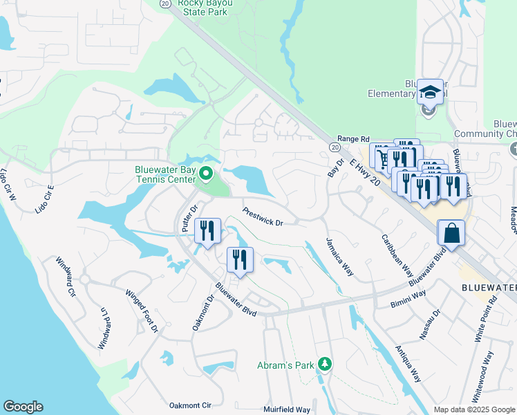 map of restaurants, bars, coffee shops, grocery stores, and more near 723 Prestwick Drive in Niceville
