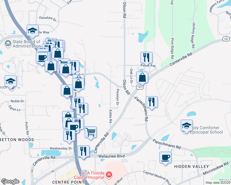 map of restaurants, bars, coffee shops, grocery stores, and more near 2518 Pennlyn Drive in Tallahassee