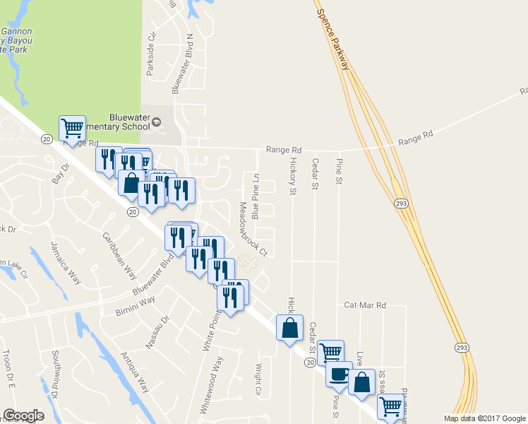 map of restaurants, bars, coffee shops, grocery stores, and more near 105 Midland Court in Niceville