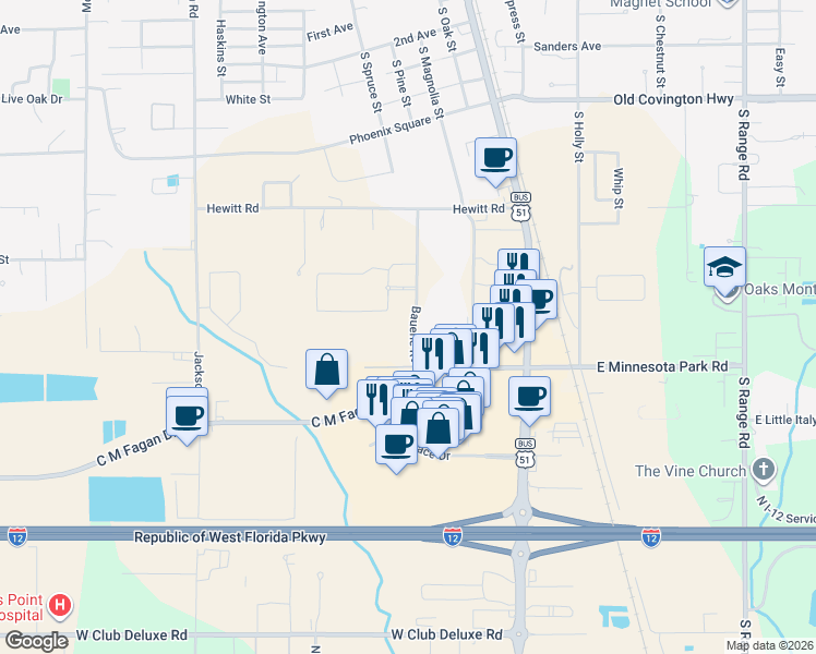 map of restaurants, bars, coffee shops, grocery stores, and more near 230 Bauerle Road in Hammond