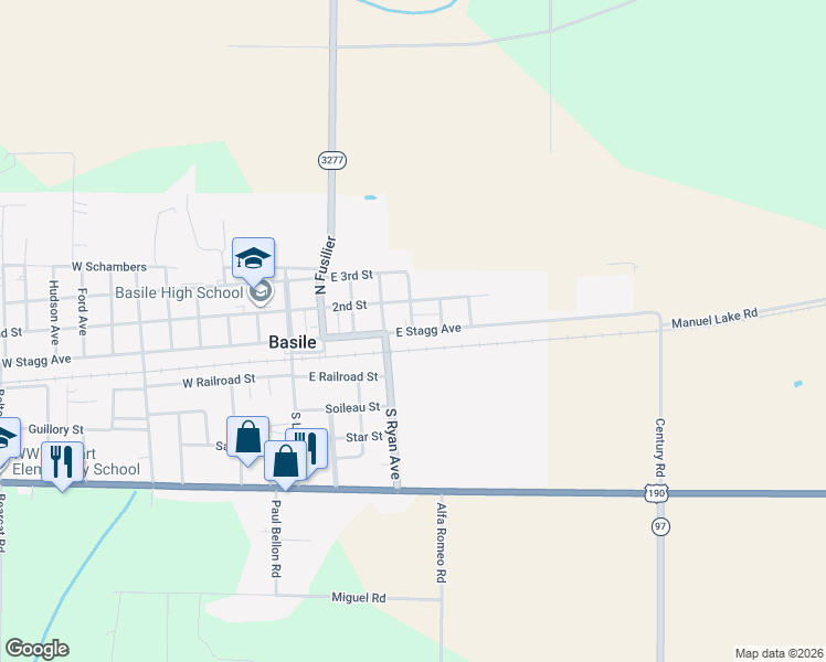 map of restaurants, bars, coffee shops, grocery stores, and more near 3400 East Stagg Avenue in Basile
