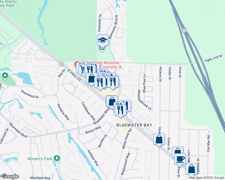 map of restaurants, bars, coffee shops, grocery stores, and more near 1501 Abaco Cove in Niceville
