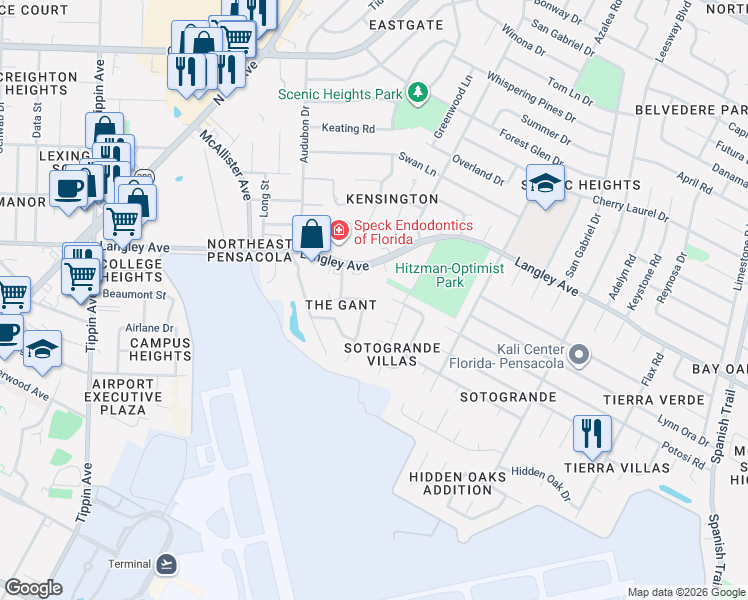 map of restaurants, bars, coffee shops, grocery stores, and more near 5447 Flintwood Circle in Pensacola