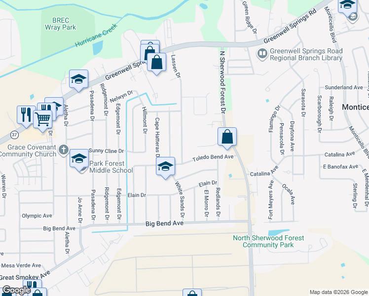 map of restaurants, bars, coffee shops, grocery stores, and more near 3916 Lassen Drive in Baton Rouge