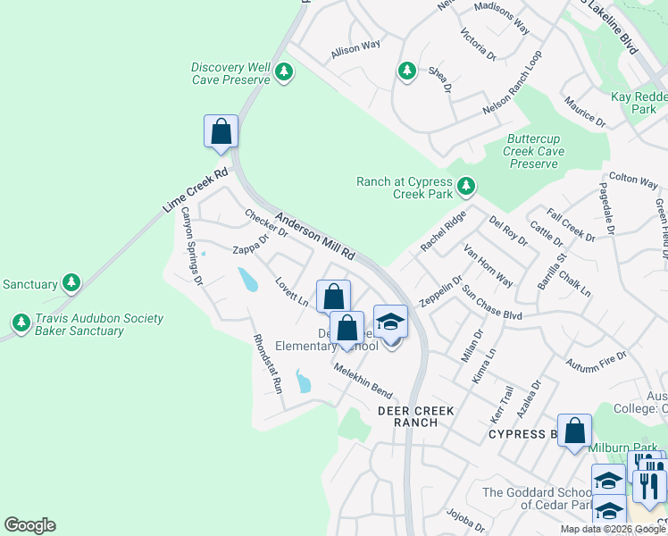 map of restaurants, bars, coffee shops, grocery stores, and more near 1100 Rowley Drive in Cedar Park