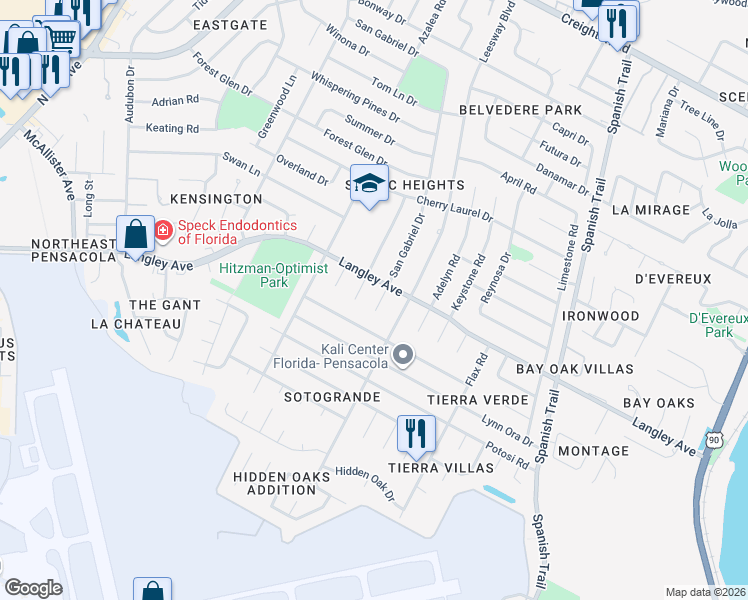 map of restaurants, bars, coffee shops, grocery stores, and more near 5575 San Gabriel Drive in Pensacola