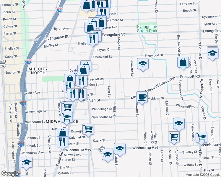 map of restaurants, bars, coffee shops, grocery stores, and more near 4006 Lynn Street in Baton Rouge