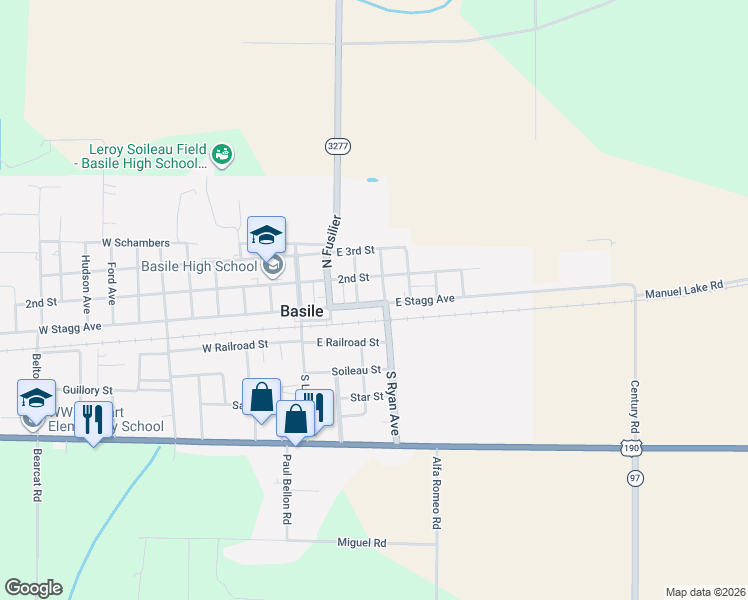 map of restaurants, bars, coffee shops, grocery stores, and more near 201-1499 North Ryan Avenue in Basile