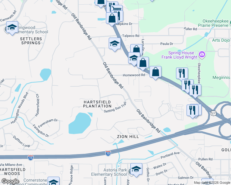 map of restaurants, bars, coffee shops, grocery stores, and more near 1920 Saddle Brook Drive in Tallahassee