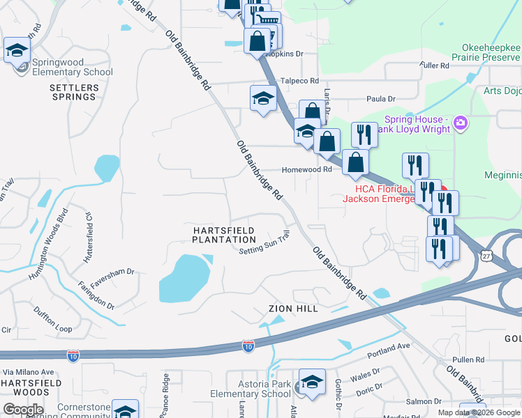 map of restaurants, bars, coffee shops, grocery stores, and more near 1940 Saddle Brook Drive in Tallahassee