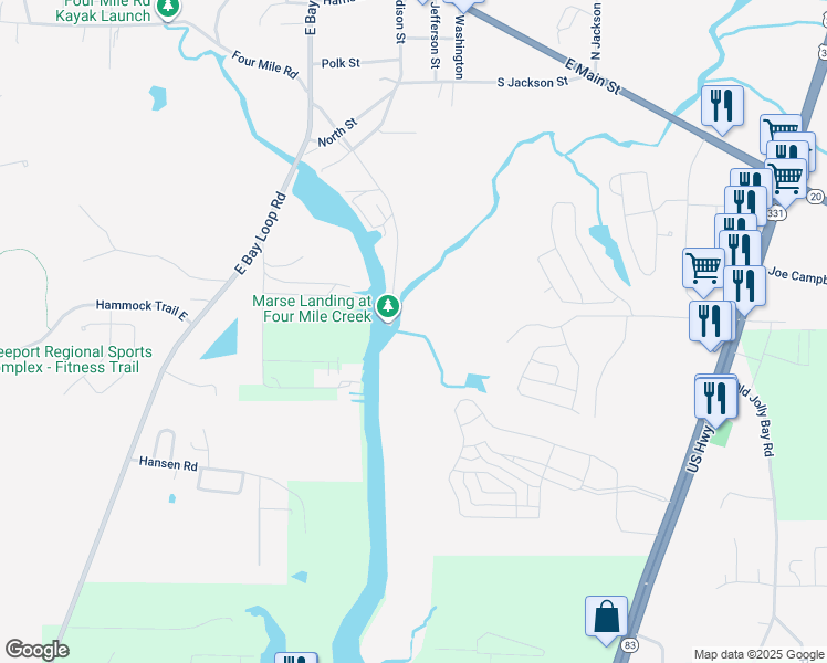 map of restaurants, bars, coffee shops, grocery stores, and more near US Highway 331 South in Freeport