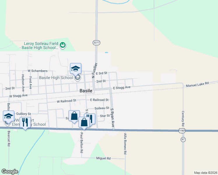 map of restaurants, bars, coffee shops, grocery stores, and more near 201 North Ryan Avenue in Basile