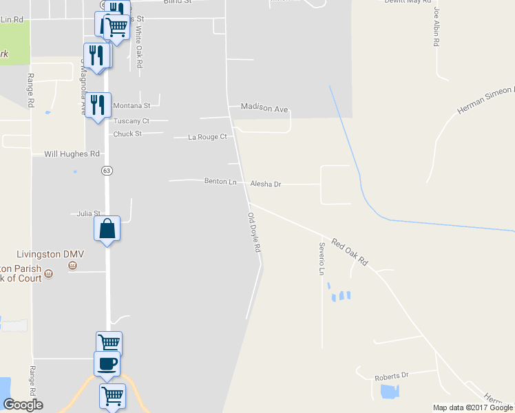 map of restaurants, bars, coffee shops, grocery stores, and more near 29017 Red Oak Road in Livingston