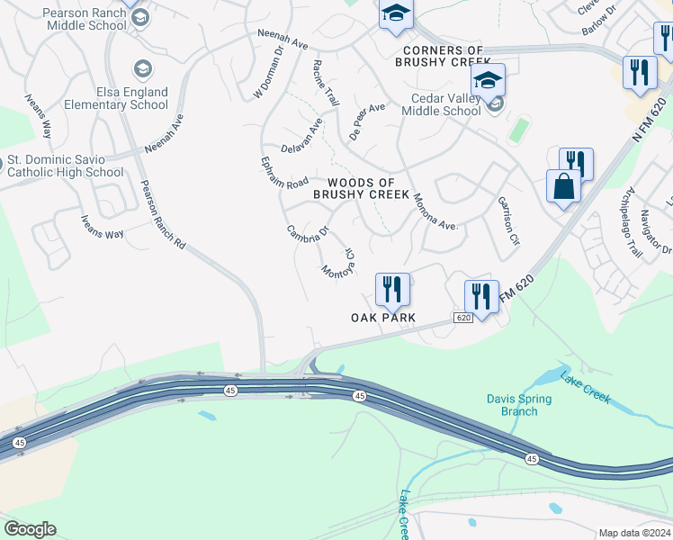 map of restaurants, bars, coffee shops, grocery stores, and more near 8304 Montoya Circle in Austin