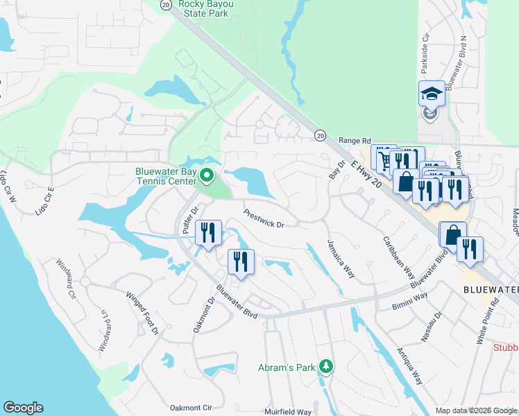 map of restaurants, bars, coffee shops, grocery stores, and more near 727 Prestwick Drive in Niceville