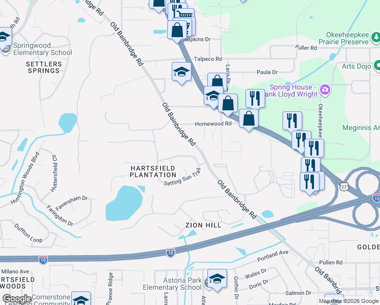 map of restaurants, bars, coffee shops, grocery stores, and more near 1920 Saddle Brook Drive in Tallahassee