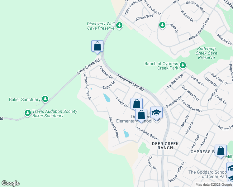 map of restaurants, bars, coffee shops, grocery stores, and more near 2723 Lovett Lane in Cedar Park