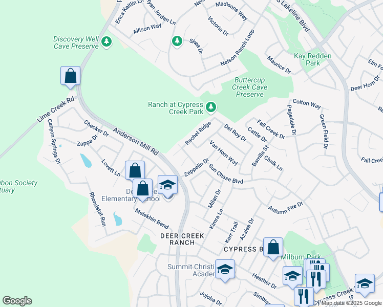 map of restaurants, bars, coffee shops, grocery stores, and more near 1006 Water Hole Trail in Cedar Park