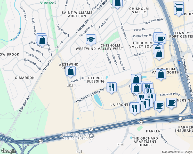 map of restaurants, bars, coffee shops, grocery stores, and more near 2607 Sinclair Street in Round Rock