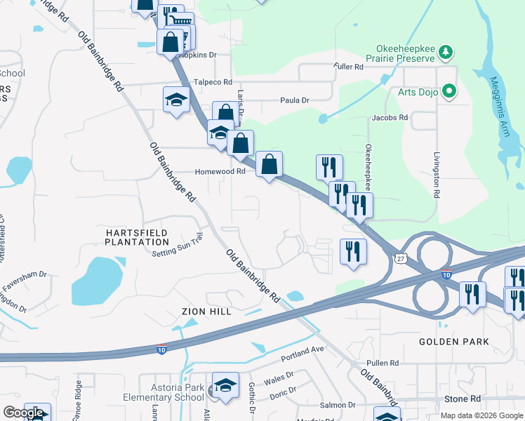 map of restaurants, bars, coffee shops, grocery stores, and more near 2805 Misty Garden Circle in Tallahassee