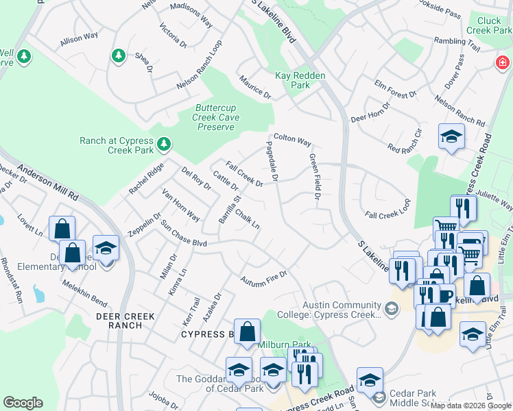 map of restaurants, bars, coffee shops, grocery stores, and more near 1712 Cattle Drive in Cedar Park