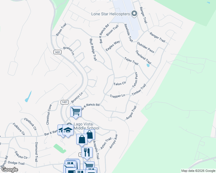 map of restaurants, bars, coffee shops, grocery stores, and more near 8409 Bronco Buster Trail in Lago Vista