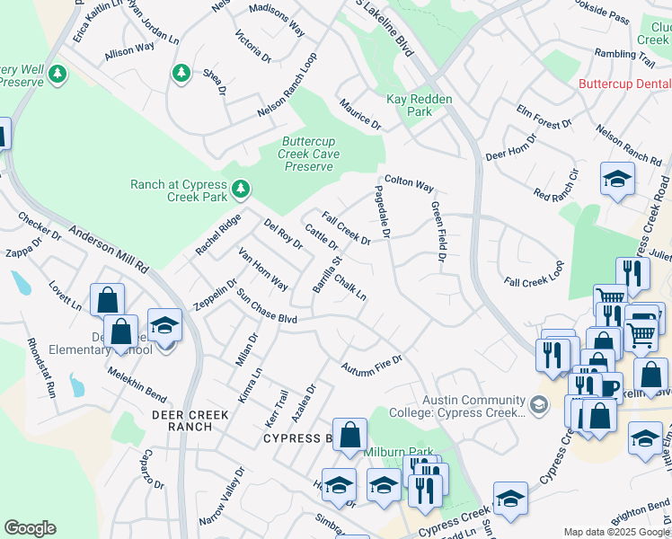 map of restaurants, bars, coffee shops, grocery stores, and more near 1300 Chalk Lane in Cedar Park